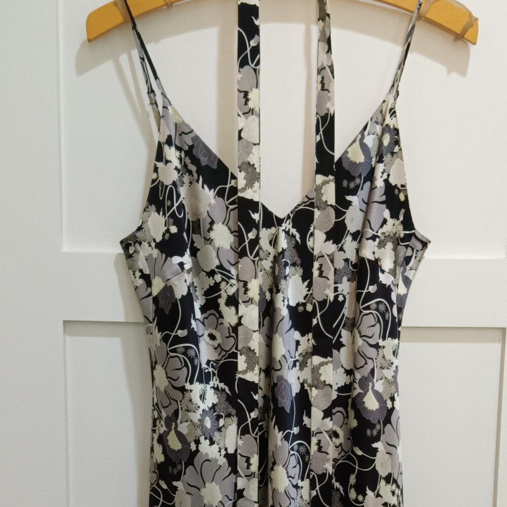 Gold Hawk Black, Gray, Silver Asian Floral Silk Satin Slip Dress Matching Belt